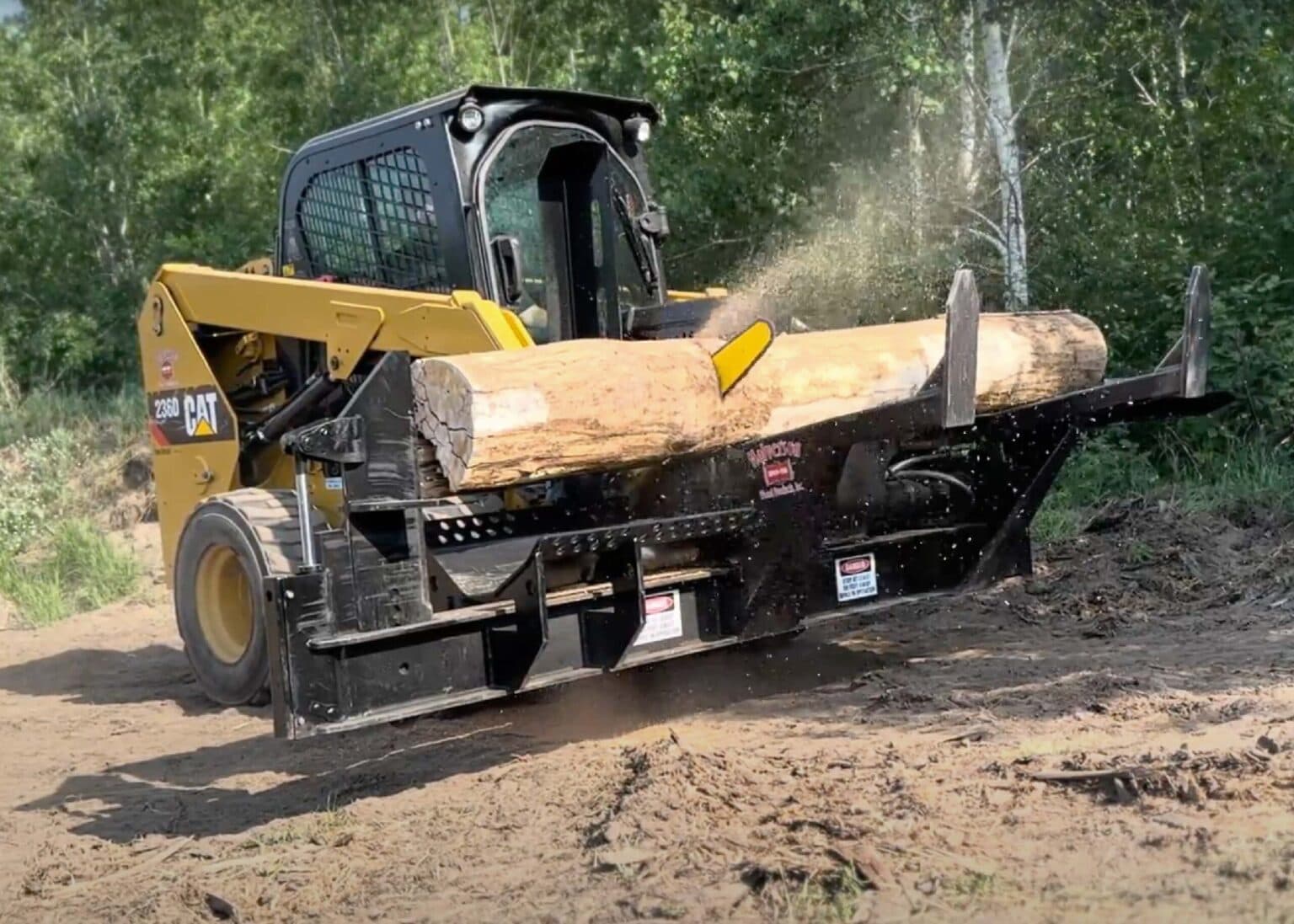 Skid steer with Halverson wood processor attachment processing a log